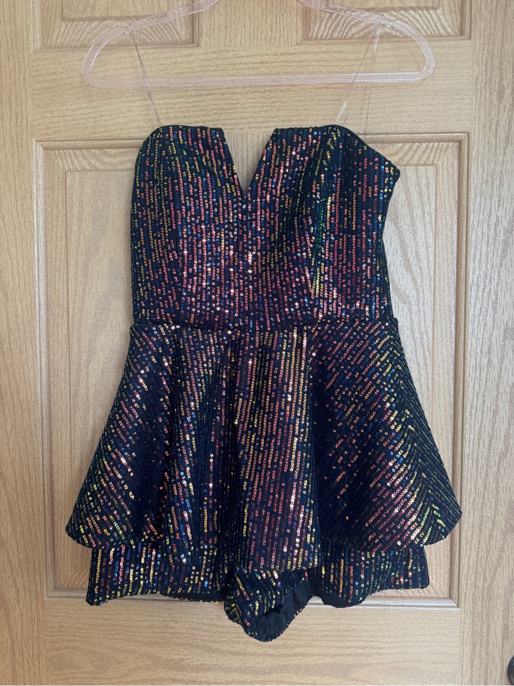 DO+BE Strapless Iridescent Sequin Peplum Romper Skort Plunge Party Dress Large